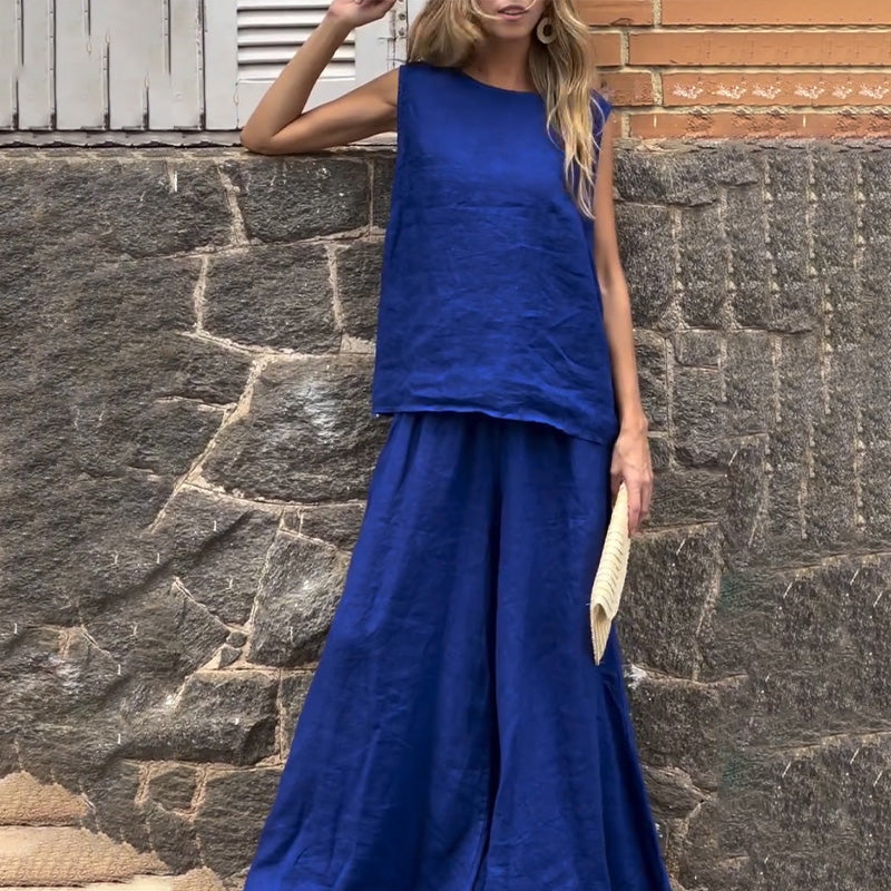 2-teiliges Set aus ärmellosem Oberteil aus Baumwollleinen und Palazzo-Hosen für Damen