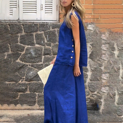 2-teiliges Set aus ärmellosem Oberteil aus Baumwollleinen und Palazzo-Hosen für Damen