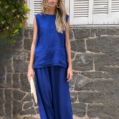2-teiliges Set aus ärmellosem Oberteil aus Baumwollleinen und Palazzo-Hosen für Damen
