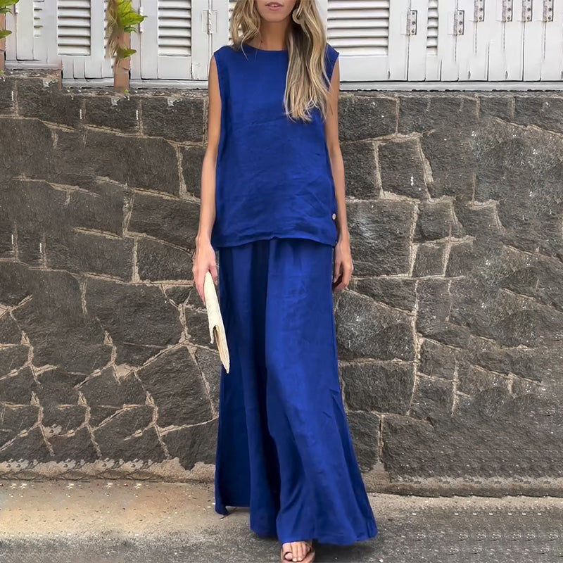 2-teiliges Set aus ärmellosem Oberteil aus Baumwollleinen und Palazzo-Hosen für Damen