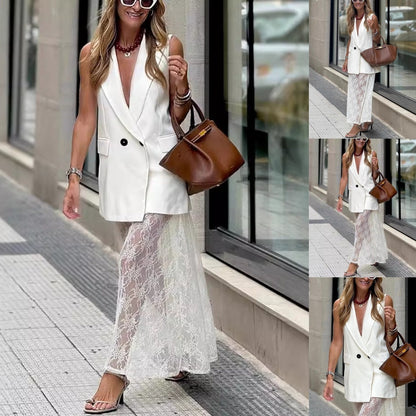 2-teiliges Set aus ärmelloser Blazerweste und Spitzenrock