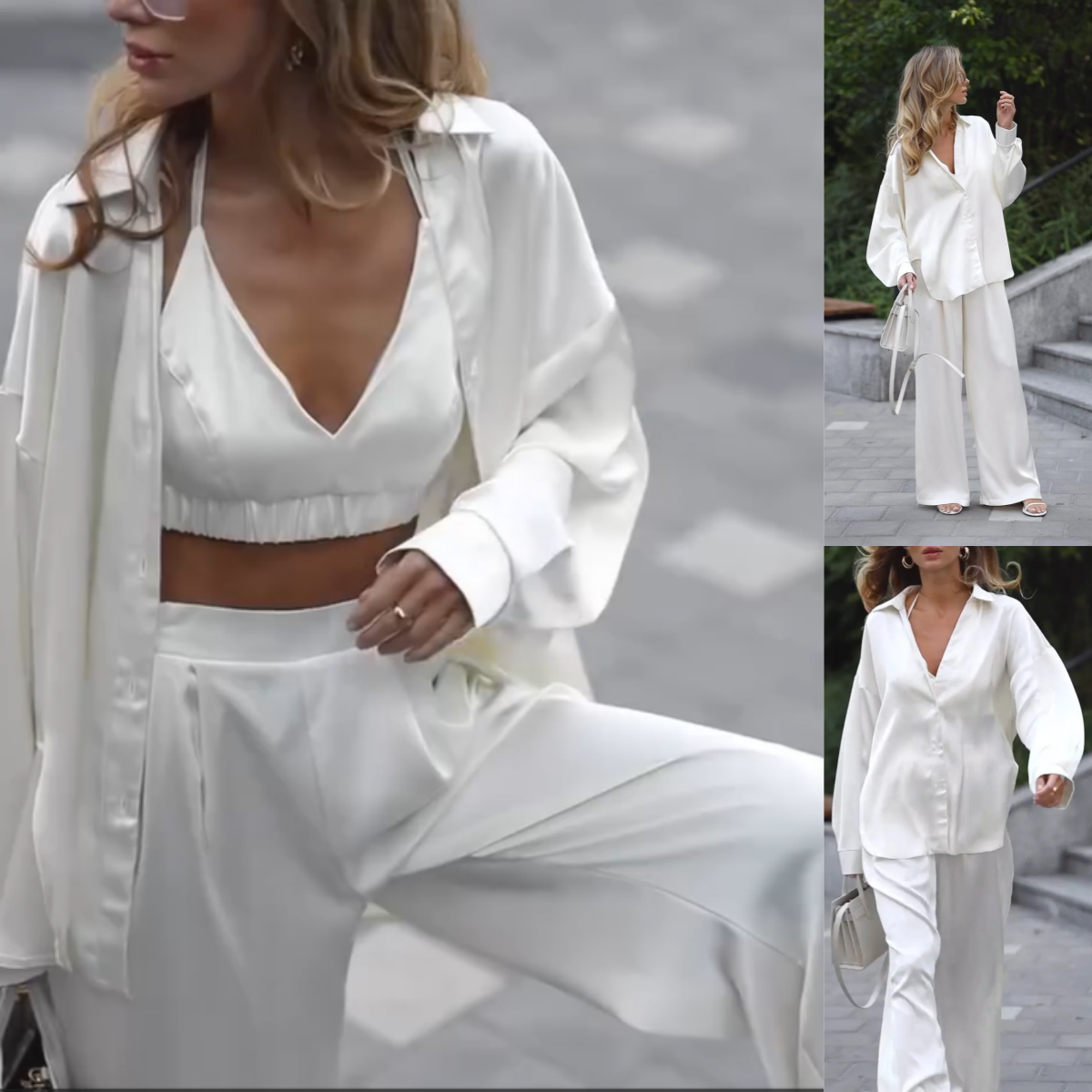 2-teiliges Set aus einfarbigem Button-Down-Hemd und Hose mit weitem Bein