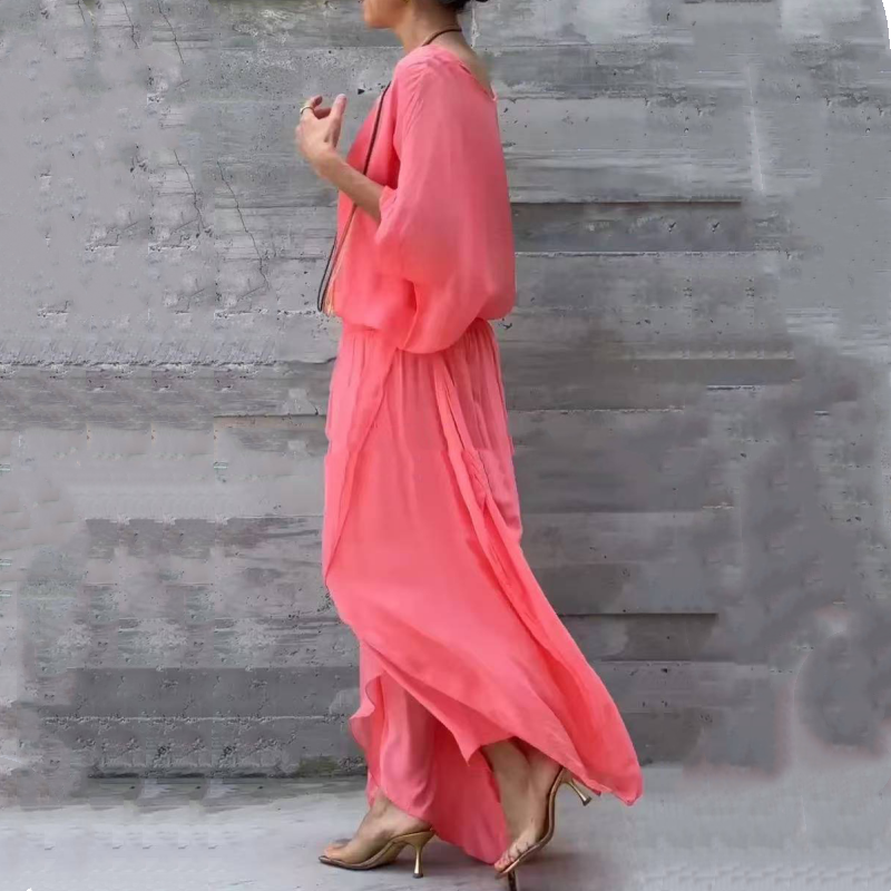 2-teiliges Set aus Chiffon mit lockerem Oberteil und weiten Schlitzhosen