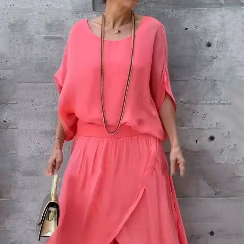 2-teiliges Set aus Chiffon mit lockerem Oberteil und weiten Schlitzhosen