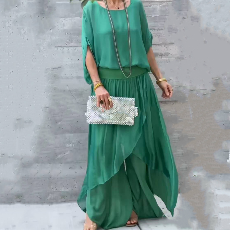 2-teiliges Set aus Chiffon mit lockerem Oberteil und weiten Schlitzhosen