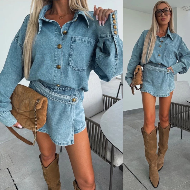 ✨Frühsommer Neu✨Damen Sommer Denim Set Oversized Shirt & Rock Shorts