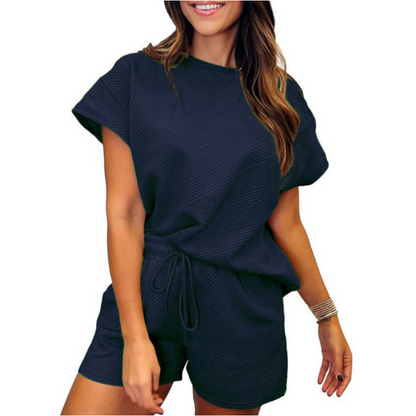 🔥💕Women's Solid Textured Casual Short Sleeve Top Drawstring Shorts Set
