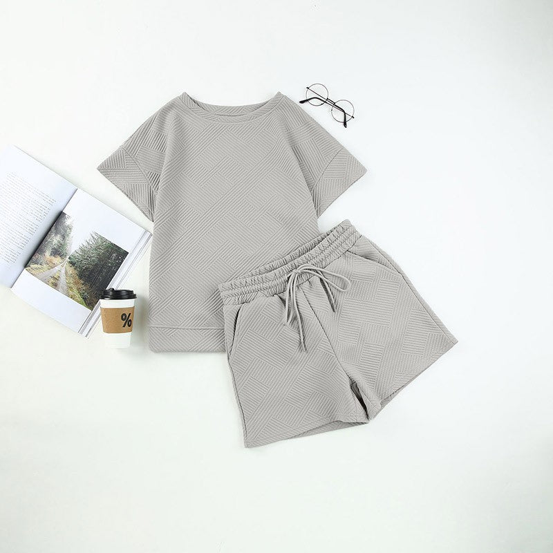 🔥💕Women's Solid Textured Casual Short Sleeve Top Drawstring Shorts Set