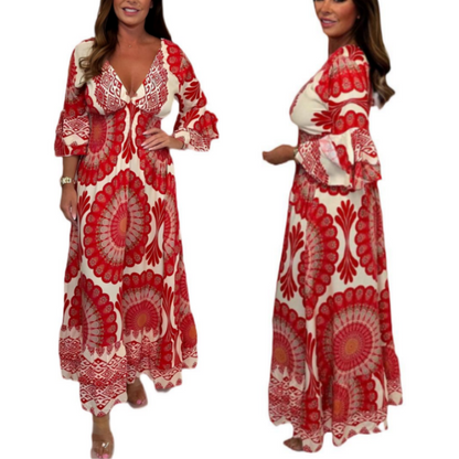 🔥Damen Retro Boho Maxi Kleid mit tiefem V-Ausschnitt🔥