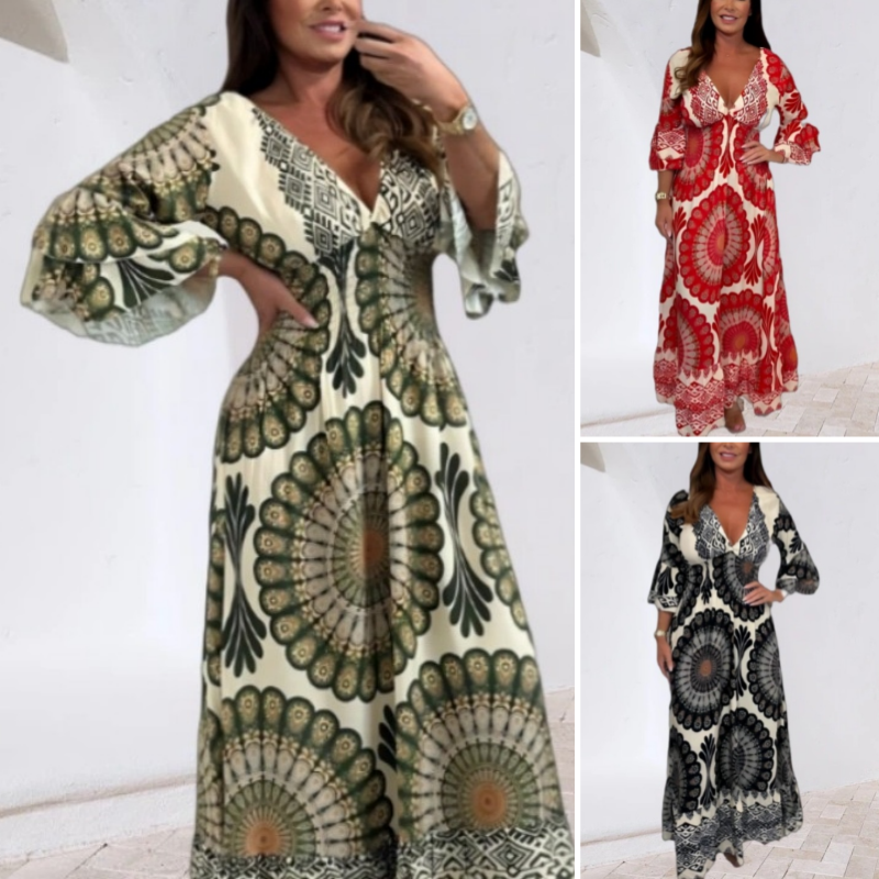 🔥Damen Retro Boho Maxi Kleid mit tiefem V-Ausschnitt🔥