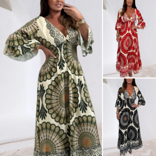 🔥Damen Retro Boho Maxi Kleid mit tiefem V-Ausschnitt🔥