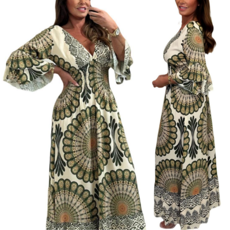 🔥Damen Retro Boho Maxi Kleid mit tiefem V-Ausschnitt🔥