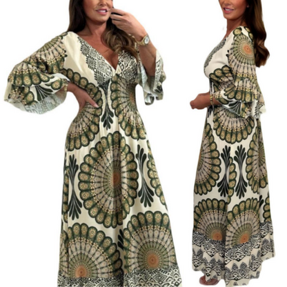 🔥Damen Retro Boho Maxi Kleid mit tiefem V-Ausschnitt🔥