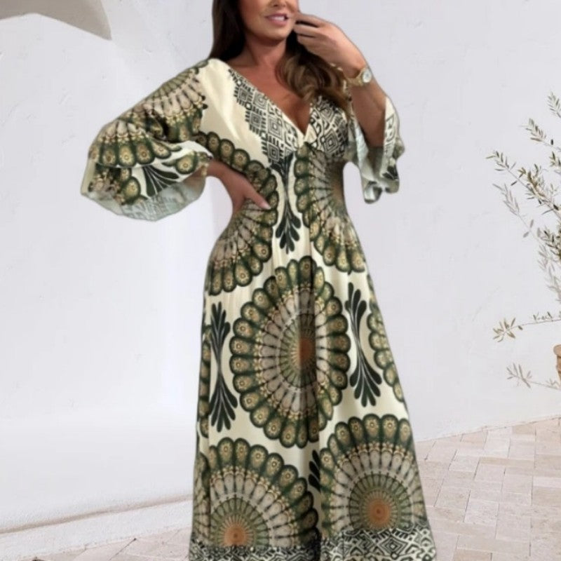🔥Damen Retro Boho Maxi Kleid mit tiefem V-Ausschnitt🔥