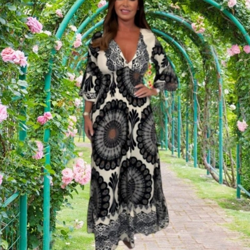 🔥Damen Retro Boho Maxi Kleid mit tiefem V-Ausschnitt🔥