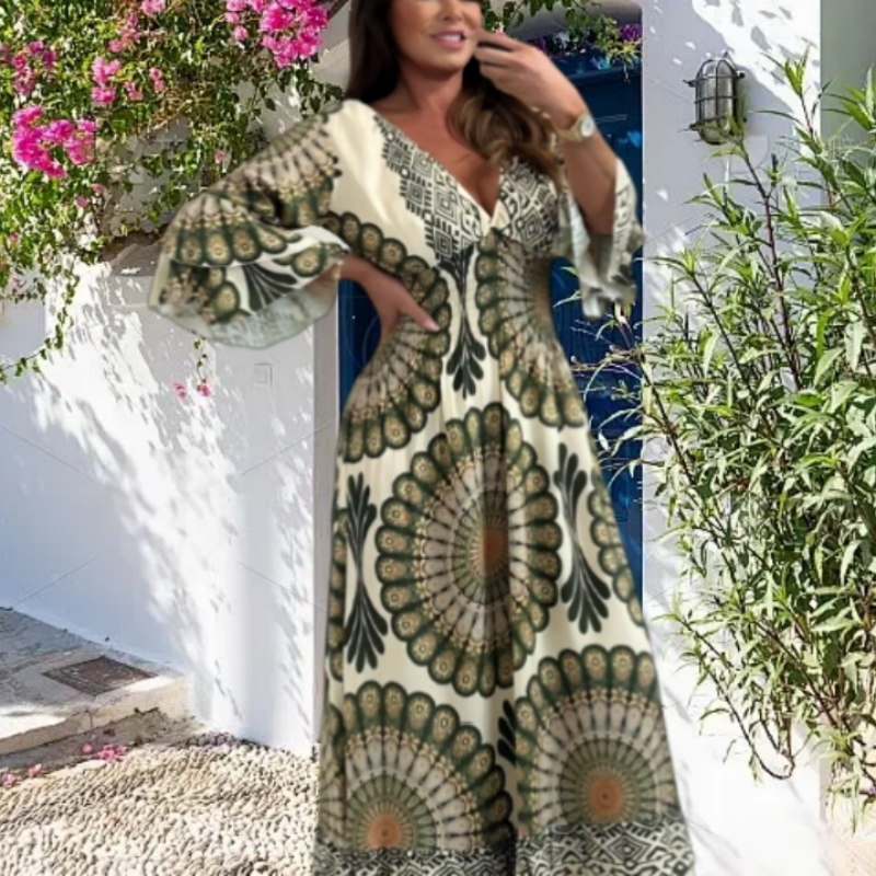 🔥Damen Retro Boho Maxi Kleid mit tiefem V-Ausschnitt🔥