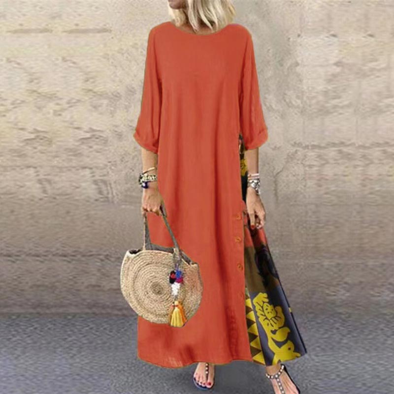 🔥🌸Langes Vintage-Kleid mit Blumendruck und Rundhalsausschnitt für Frauen🌸🩷