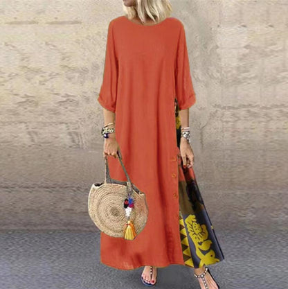 🔥🌸Langes Vintage-Kleid mit Blumendruck und Rundhalsausschnitt für Frauen🌸🩷