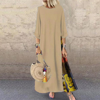 🔥🌸Langes Vintage-Kleid mit Blumendruck und Rundhalsausschnitt für Frauen🌸🩷