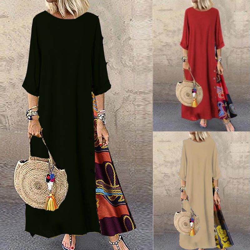 🔥🌸Langes Vintage-Kleid mit Blumendruck und Rundhalsausschnitt für Frauen🌸🩷