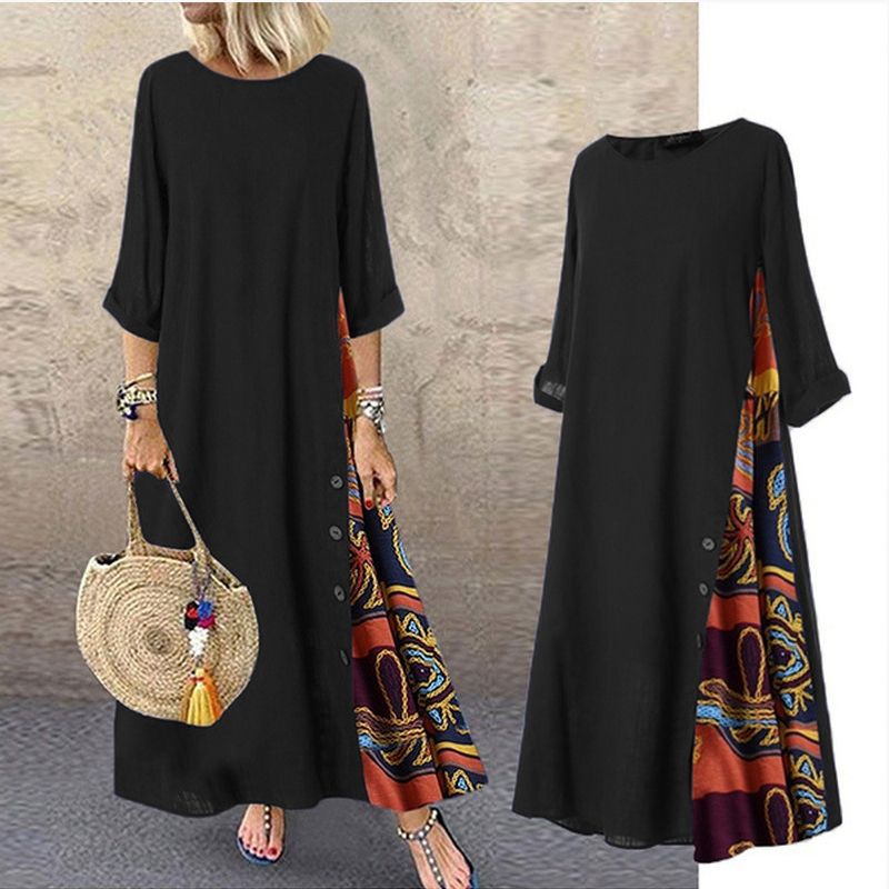 🔥🌸Langes Vintage-Kleid mit Blumendruck und Rundhalsausschnitt für Frauen🌸🩷