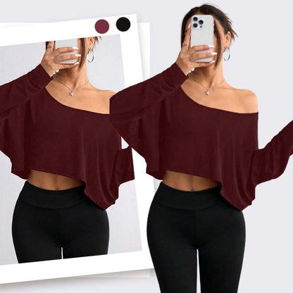 🌸💕Langärmliges, übergroßes, lockeres, schulterfreies Crop-Top für Damen