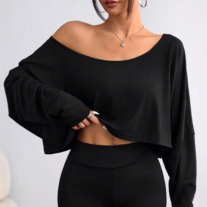 🌸💕Langärmliges, übergroßes, lockeres, schulterfreies Crop-Top für Damen