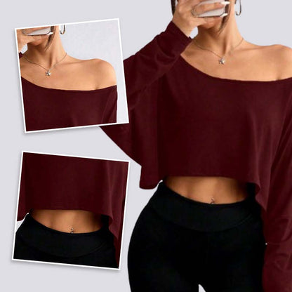 🌸💕Langärmliges, übergroßes, lockeres, schulterfreies Crop-Top für Damen
