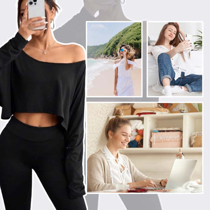 🌸💕Langärmliges, übergroßes, lockeres, schulterfreies Crop-Top für Damen