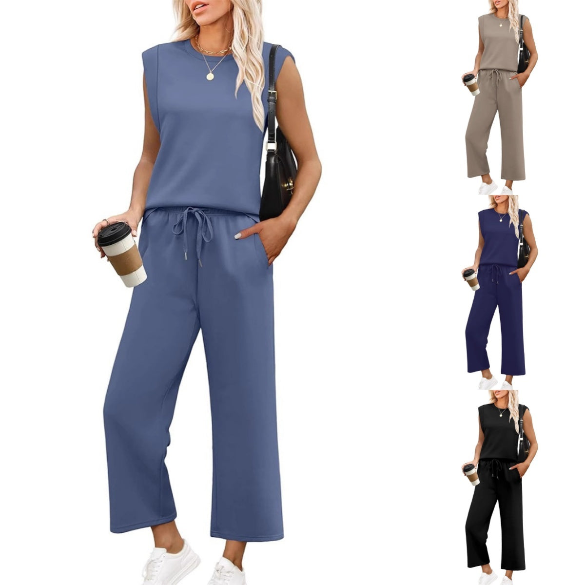 🌺2025 Neu eingetroffen - 50% OFF🌺2025 Neue Frauen Casual Cap Sleeve Top Wide Leg Crop Pants Zweiteilige Sets