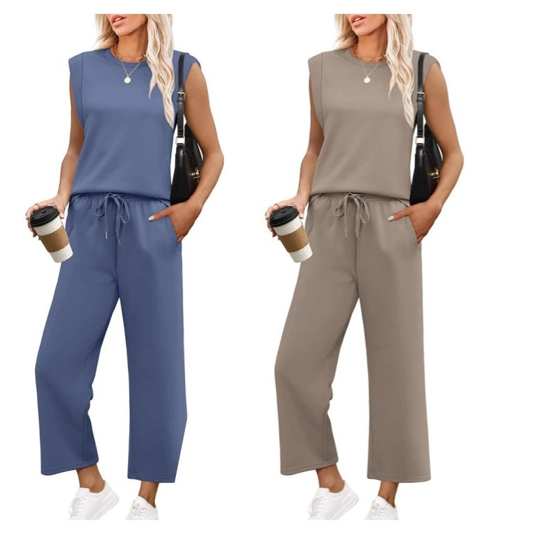 🌺2025 Neu eingetroffen - 50% OFF🌺2025 Neue Frauen Casual Cap Sleeve Top Wide Leg Crop Pants Zweiteilige Sets