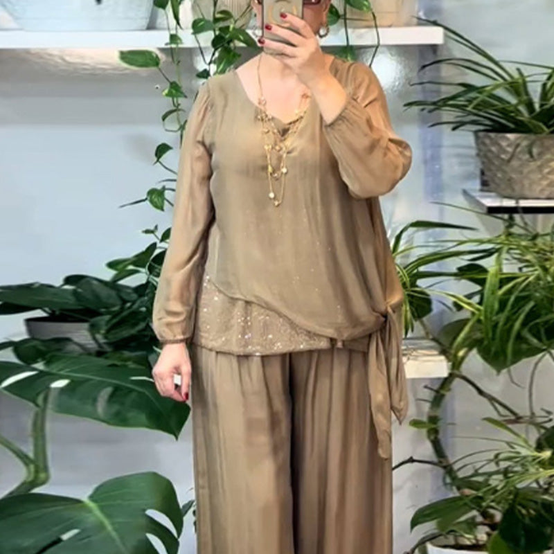 2-teiliges Set aus Paillettenbluse und weit geschnittener Hose für Damen