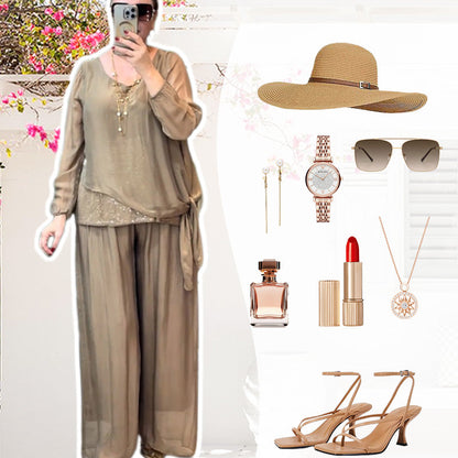 2-teiliges Set aus Paillettenbluse und weit geschnittener Hose für Damen