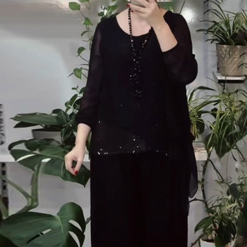 2-teiliges Set aus Paillettenbluse und weit geschnittener Hose für Damen