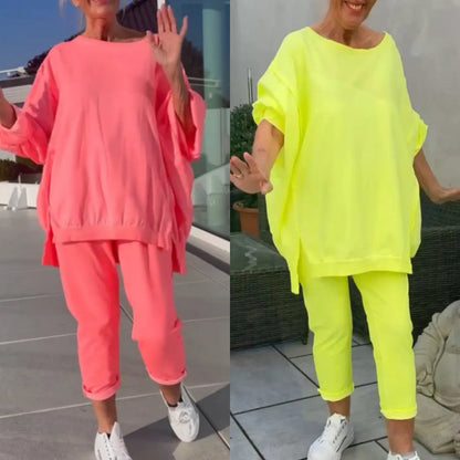 Rundhalsausschnitt Schlitz Fluoreszierende Farbe Freizeitanzug für Frauen