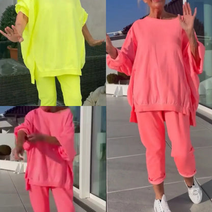 Rundhalsausschnitt Schlitz Fluoreszierende Farbe Freizeitanzug für Frauen