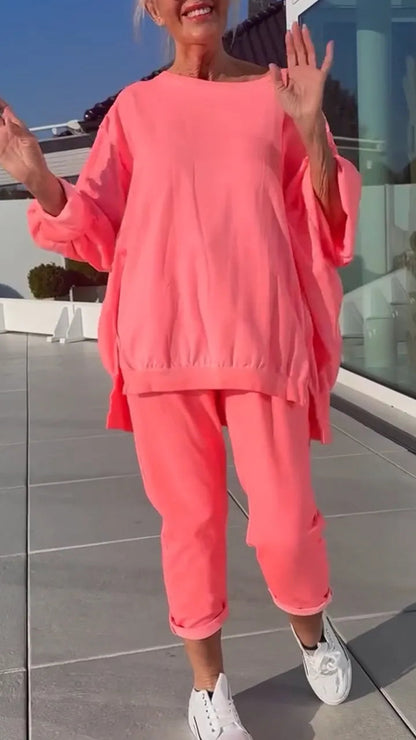 Rundhalsausschnitt Schlitz Fluoreszierende Farbe Freizeitanzug für Frauen