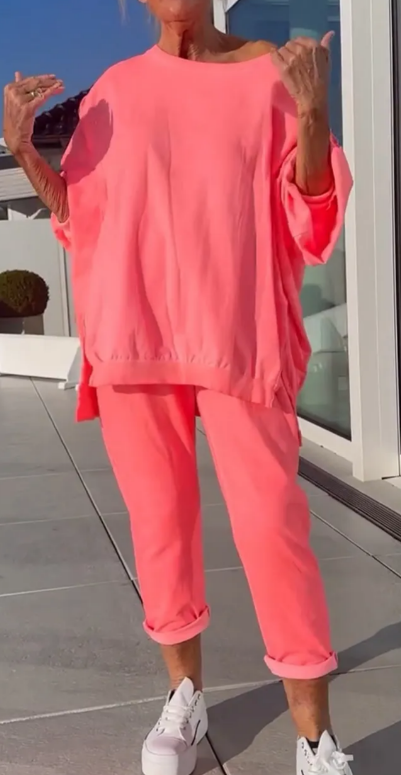 Rundhalsausschnitt Schlitz Fluoreszierende Farbe Freizeitanzug für Frauen