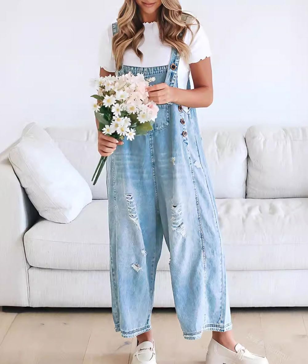 🔥Limited time sale 50% OFF💕Women's Cute Casual Button Jumpsuit Ripped Denim Overalls