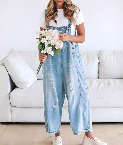 🔥Limited time sale 50% OFF💕Women's Cute Casual Button Jumpsuit Ripped Denim Overalls