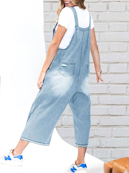 🔥Limited time sale 50% OFF💕Women's Cute Casual Button Jumpsuit Ripped Denim Overalls