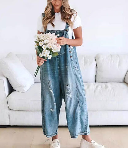 🔥Limited time sale 50% OFF💕Women's Cute Casual Button Jumpsuit Ripped Denim Overalls