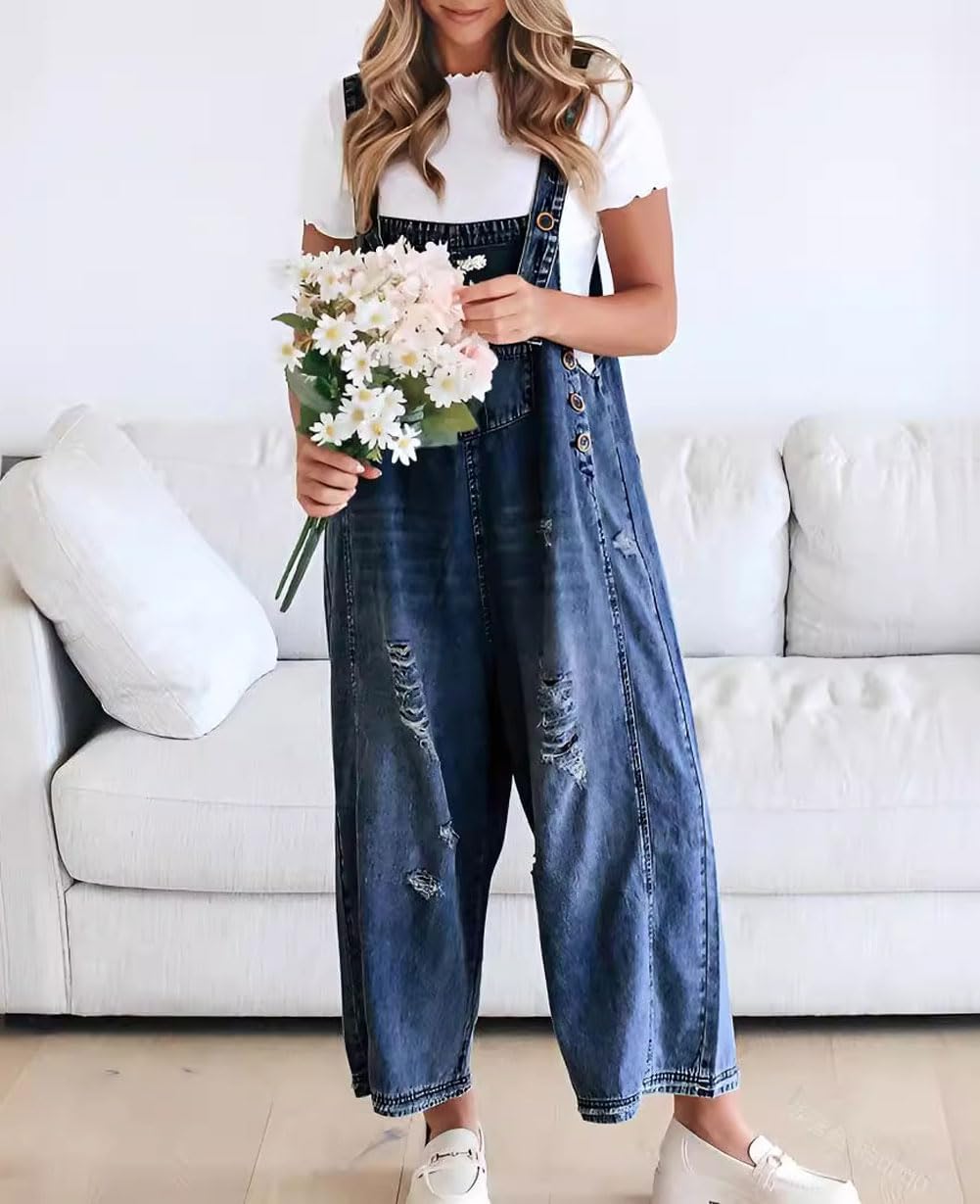 🔥Limited time sale 50% OFF💕Women's Cute Casual Button Jumpsuit Ripped Denim Overalls