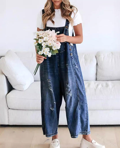 🔥Limited time sale 50% OFF💕Women's Cute Casual Button Jumpsuit Ripped Denim Overalls