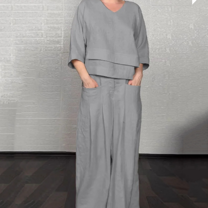 💥Sichern Sie sich heute 50% Rabatt!💃🌺Irregular Hem Cotton Linen Short Sleeve Casual 2-Piece Set