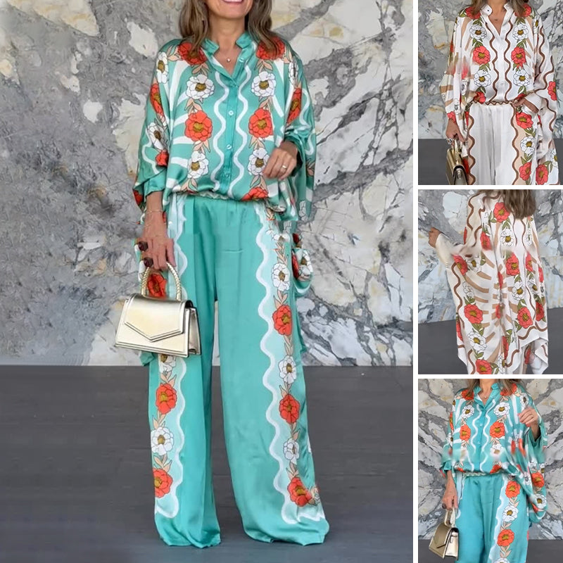 🎁🔥Stilvoller Damen-Zweiteiler mit Blumenmuster: Bluse  Hose