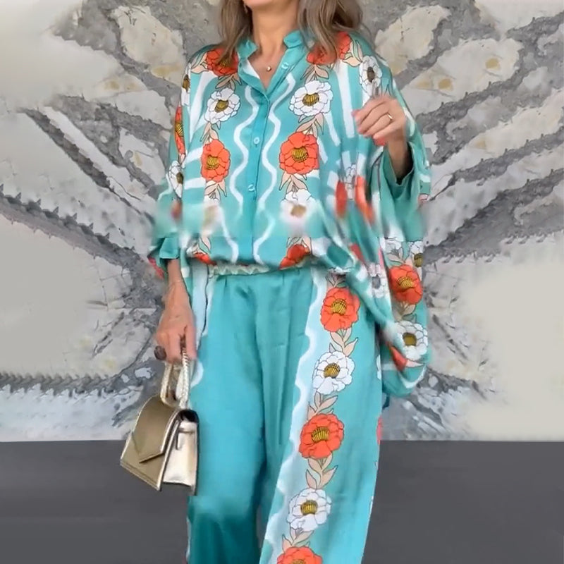 🎁🔥Stilvoller Damen-Zweiteiler mit Blumenmuster: Bluse  Hose