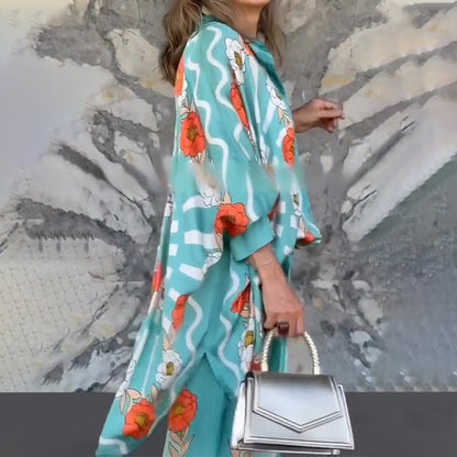 🎁🔥Stilvoller Damen-Zweiteiler mit Blumenmuster: Bluse  Hose