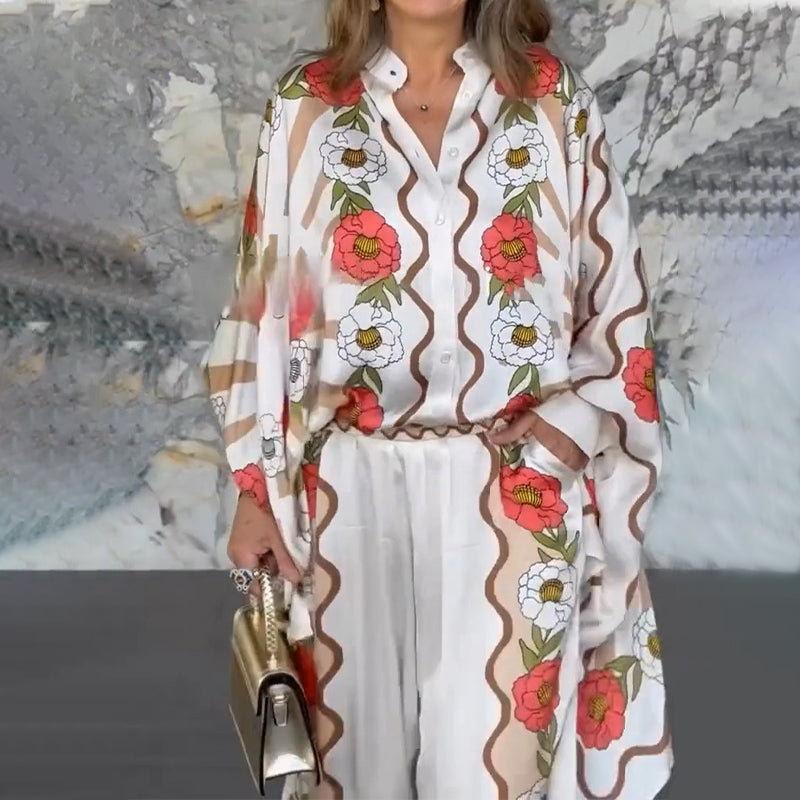 🎁🔥Stilvoller Damen-Zweiteiler mit Blumenmuster: Bluse  Hose