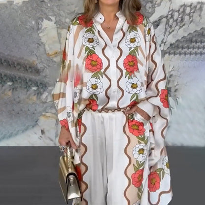 🎁🔥Stilvoller Damen-Zweiteiler mit Blumenmuster: Bluse  Hose